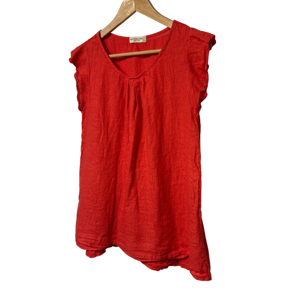 Terzo Millennio Linen Cap Sleeve Gathered Top Coral Orange Made‎ in Italy Size L